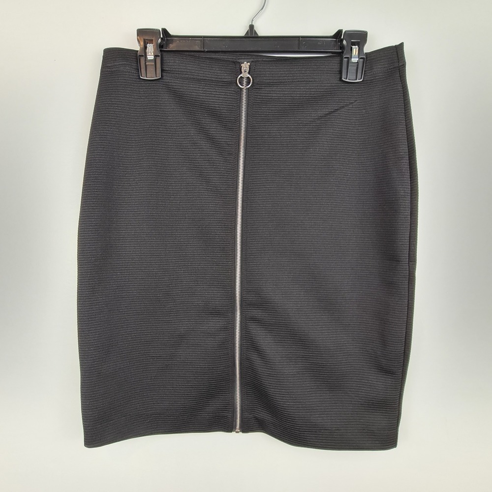Atmosphere Black Ribbed Front Zip Pencil Skirt US 10 O-Ring Pull Textured‎ Knee